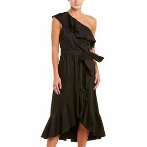 NWOT Adrianna Papell Black One Shoulder Tie Waist Ruffle High Low Hem Midi Dress